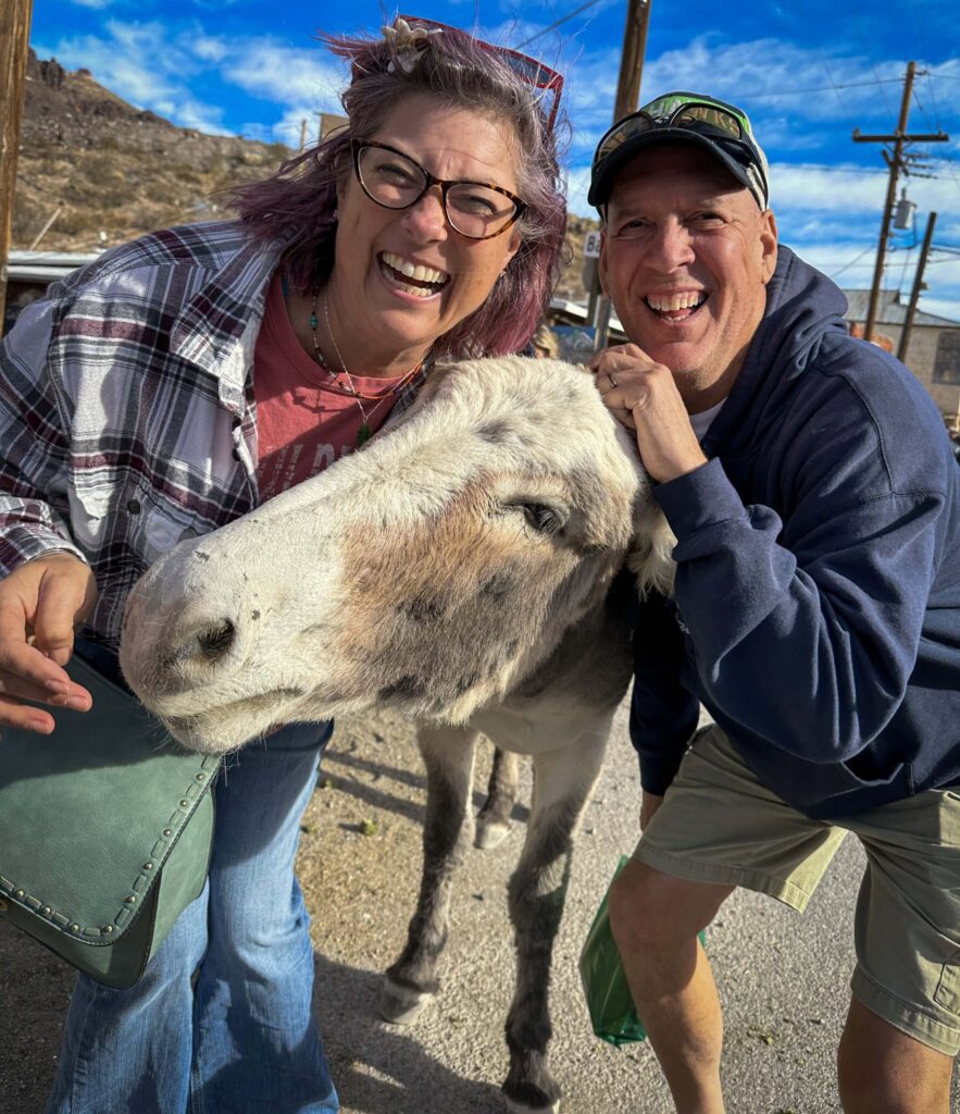 Steve and Tracy Jo in Oatman with a Donkey